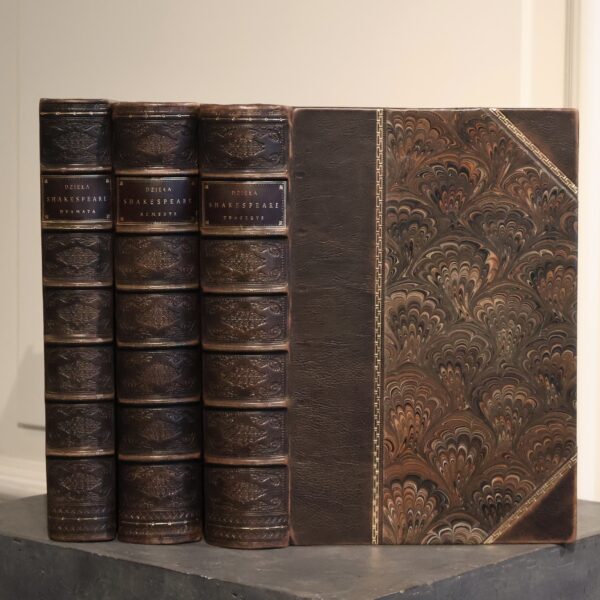 Shakespeare William, Dzieła dramatyczne Williama Shakespeare : wydanie ilustrowane pod red. J. I. Kr. Oprawa skórzana bibliofilska wykonana ręcznie w introligatorni Antykwariatu Polskiego.