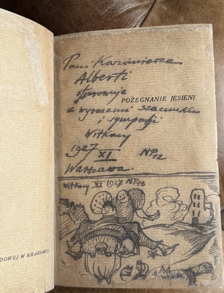Odręczna dedykacja Witkacego dla Kazimiery Alberti z listopada 1927 r. i rysunek tuszem na przedtytule Pożegnania jesieni