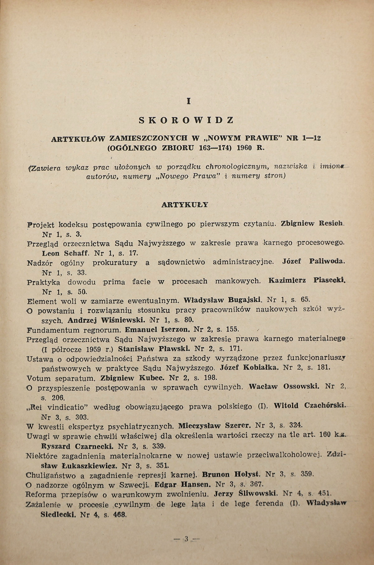 Index of articles published in *Nowe Prawo*, nos. 1–12, 1960, p. 3