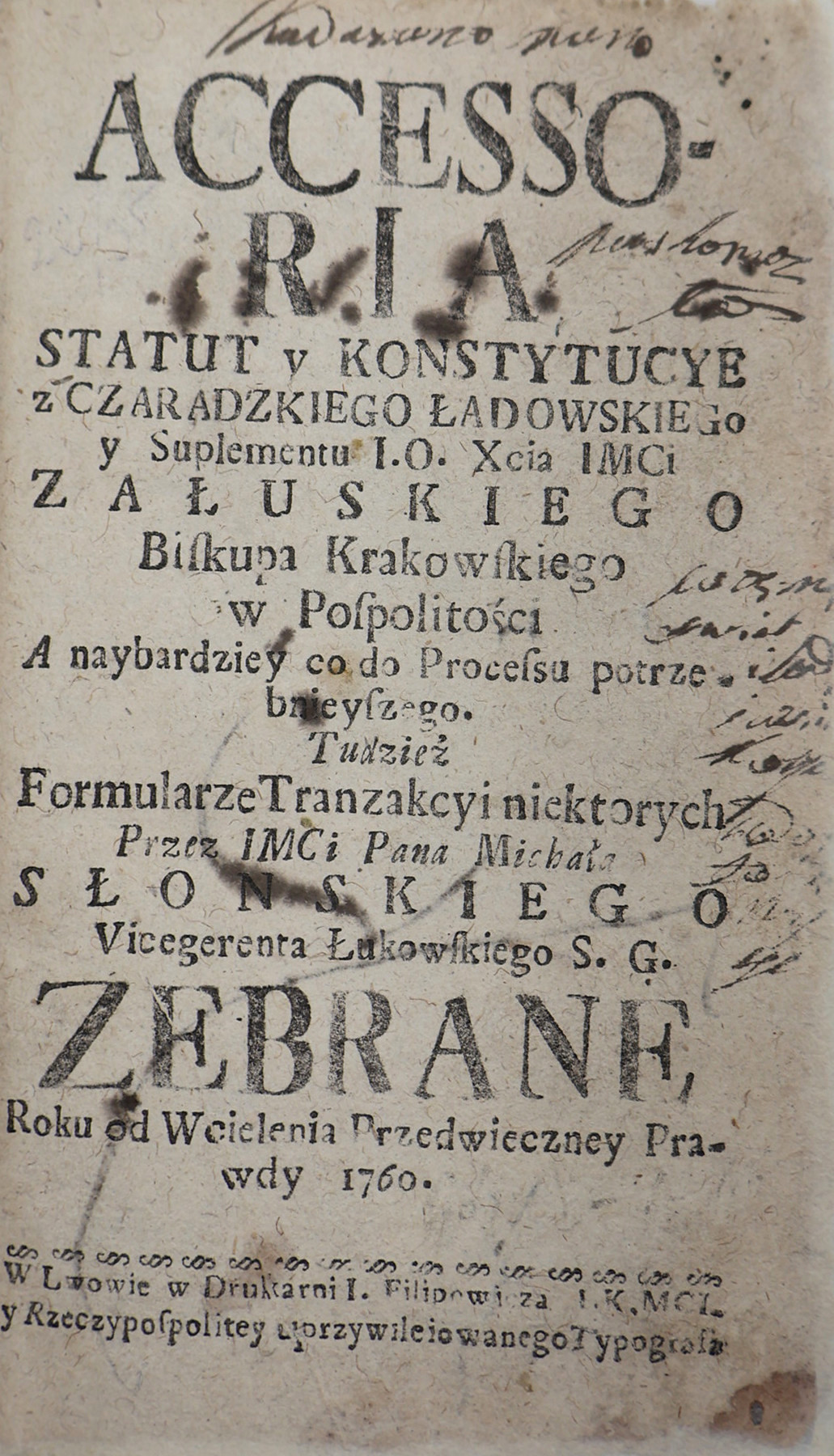 Title Page, Accessoria statut y konstytucye, Michał Słoński, Lviv 1760