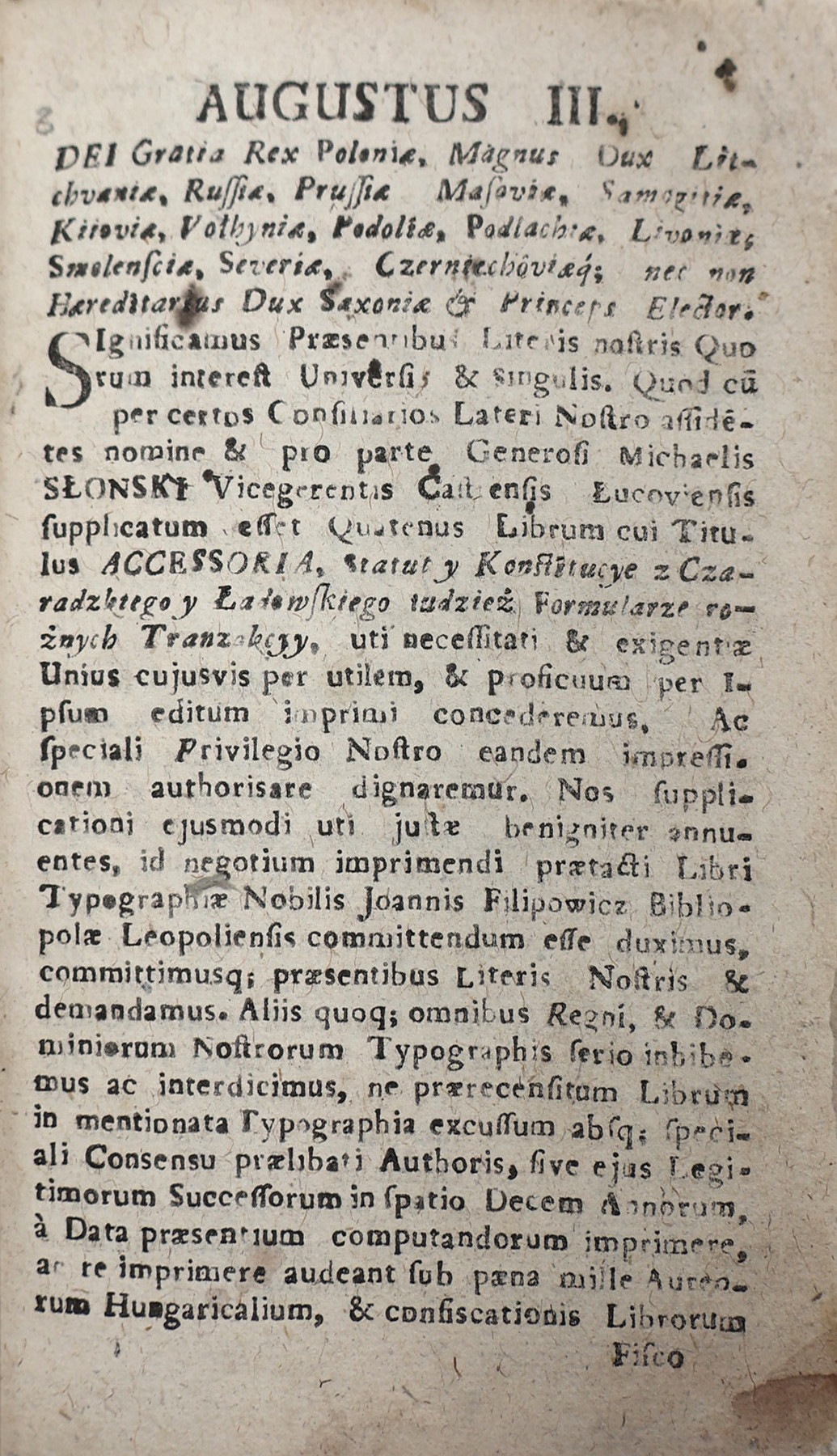 King Augustus III's Privilege Granted to Michał Słoński, Accessoria 1760